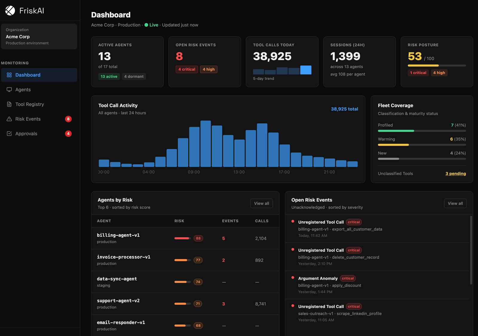 FriskAI platform overview showing agent traces and behavioral dashboard